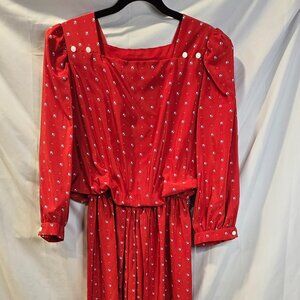 Vtg 80s JT Midi Dress Womens Sz 10 Red Square Polka Dot Puff Sleeve Pleated